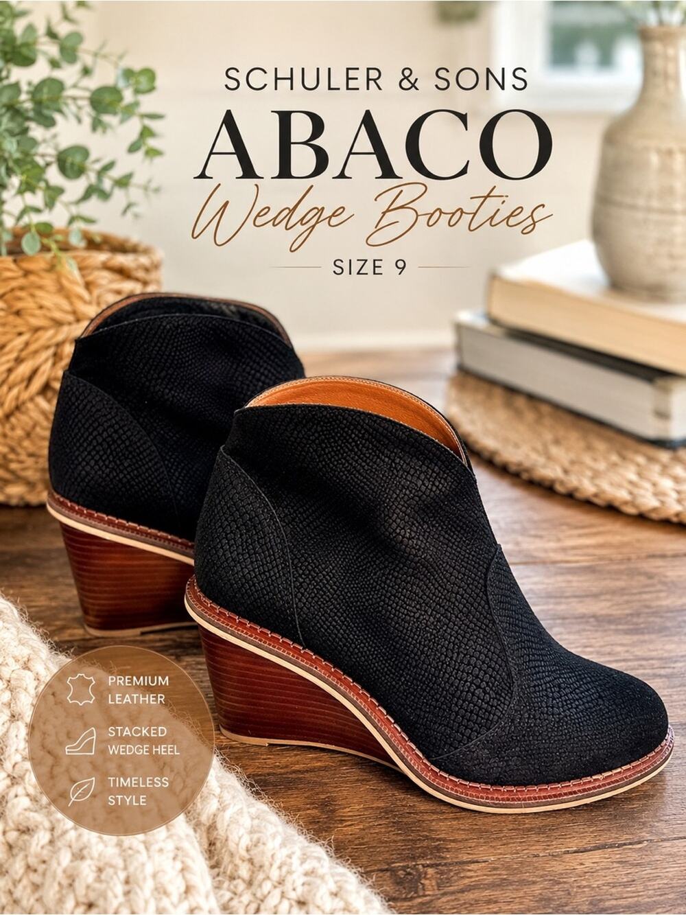 Schuler & Sons Anthropologie Abaco Black Textured Wedge Ankle Booties Size 9